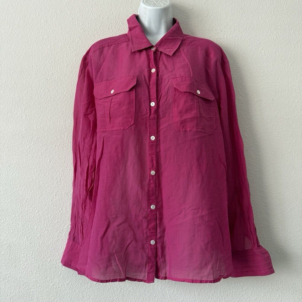 Hilton Hollis XL Hot Pink Cotton Silk Blouse Button Up Shirt Luxe Coastal Preppy